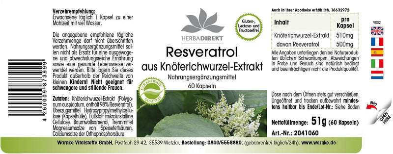 Resveratrol 500mg - High Dose - Knotweed Extract - 60 Capsules | HERBADIREKT by Warnke vital substances - NewNest Australia