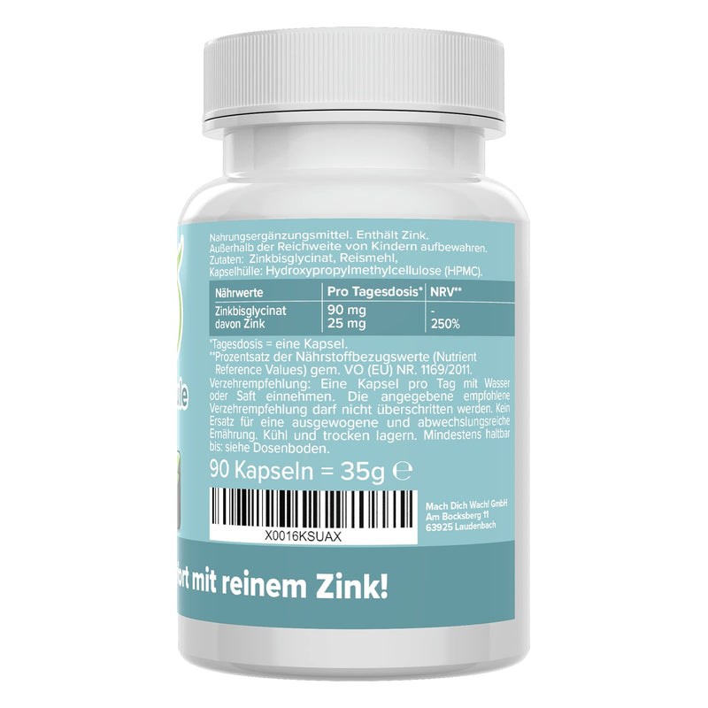 Zinc capsules - 25 mg - high dose - vegan - laboratory tested - zinc bisglycinate/zinc chelate without additives - small capsules instead of large tablets - quality from Germany - pure chelate - Vitamineule® - NewNest Australia