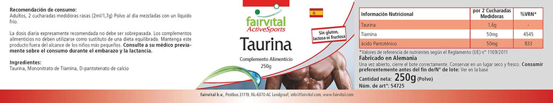 Fairvital Taurine 250 G Powder, Extra High Dose, With Thiamine And Pantothenic Acid, Pure, Without Additives, 100% Vegan, For 4.5 Months, Quality Tested, Made In Germany - NewNest Australia