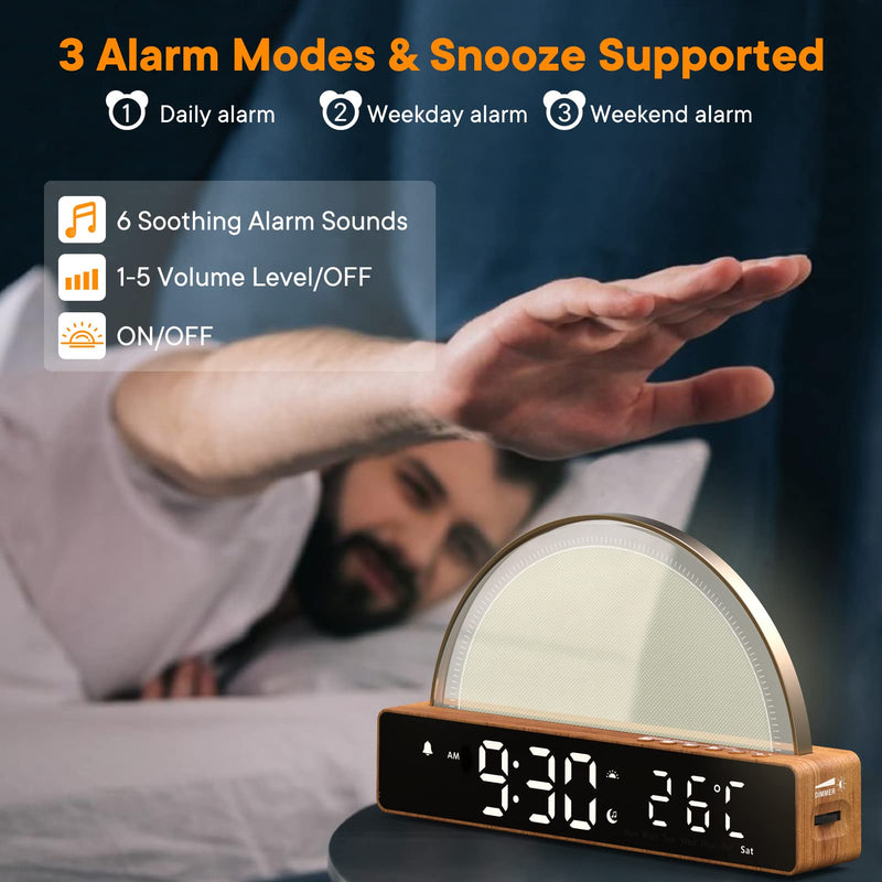 Sunrise Alarm Clock, Wake Up Light with Sunrise Simulation, White Noise Machine, Touch Control Bedside Lamps Dimmable Multicolor Night Light, 10 Nature Sounds, Snooze/Timer/Temperature Display Wooden - NewNest Australia