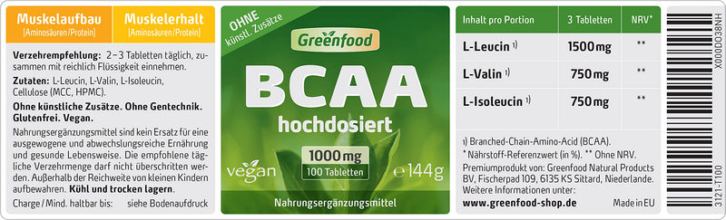 BCAA, 1000 mg, high dose, 100 tablets, vegan - good for building and maintaining muscle (proteins). WITHOUT artificial additives. Without genetic technology. - NewNest Australia
