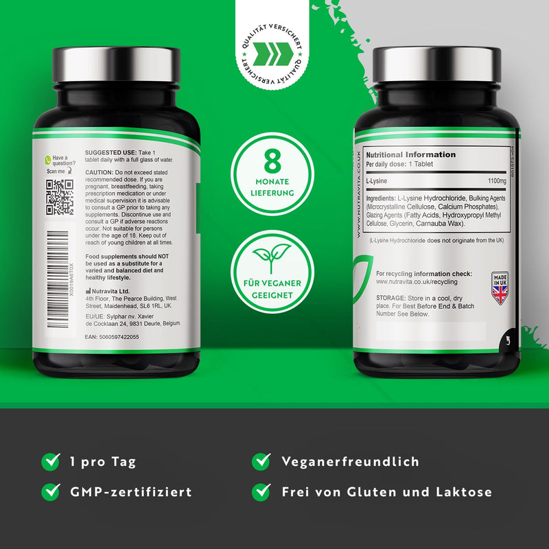 L-Lysine 1100mg High Dose - 240 Vegan Tablets (8 Month Supply) - L Lysine Essential Amino Acid Supplement - No Synthetic Binders - Made in the UK by Nutravita - NewNest Australia