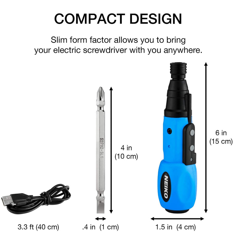 NEIKO 10577A Cordless Power Screwdriver | 1/4” Hex Auto-Lock Safety Chuck | Includes Phillips and Flathead Bit | USB Rechargeable Lithium-Ion Technology | Auto and Manual Mode - NewNest Australia