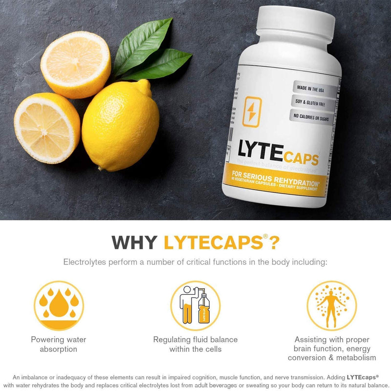 LyteCaps Electrolyte Tablets - 60 Vegetarian Capsules - for Serious Rehydration and Cramps, Dehydration - Magnesium, Potassium, Sodium and Zinc - Free of Gluten, Dairy and Nuts 60 Count (Pack of 1) - NewNest Australia