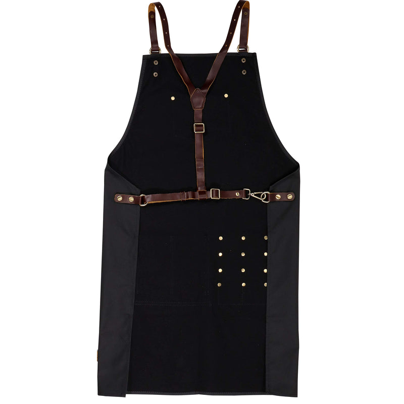 Professional Barber Apron - Waterproof PUL 14oz Fabric with Leather Straps and Accents - Premium Black Stylist Apron with Slot Pockets for Scissors and Tools - Comfort Fit Back Straps - NewNest Australia