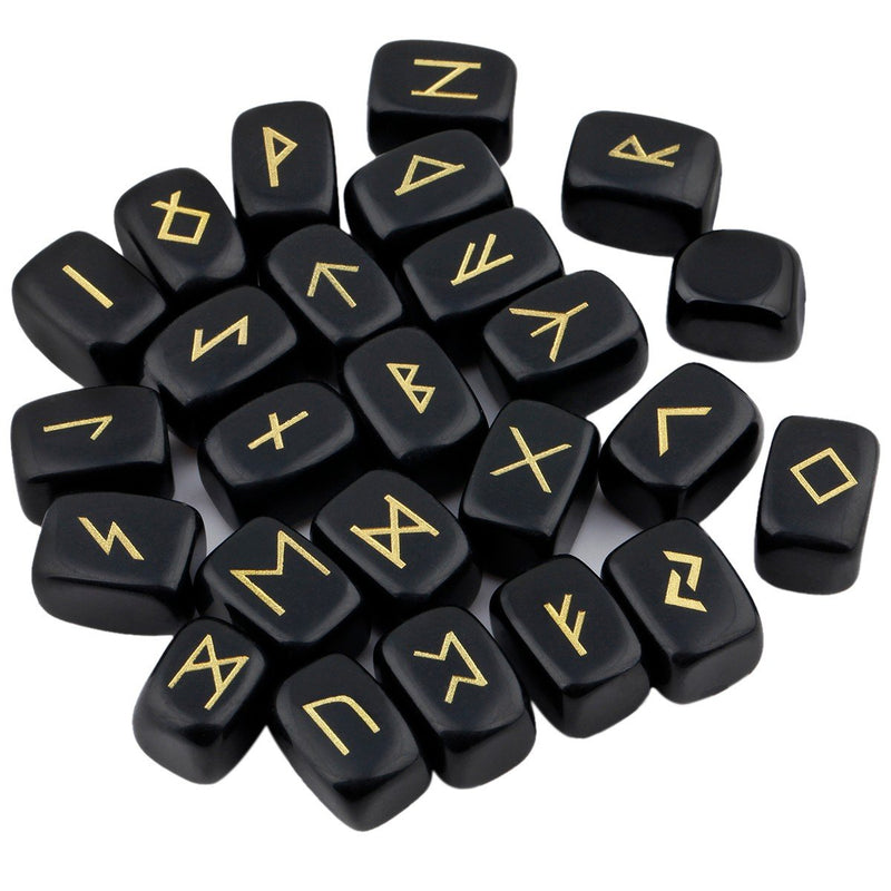 mookaitedecor Black Obsidian Runes Stones Set (25 Pieces), Tumbled Gemstone with Carved Rune Words for Fortune Telling, Crystal Healing Reiki #01-black Obsidian - NewNest Australia
