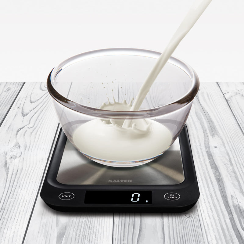 Salter 1068 SSBKDR Ultra Slim Electronic Kitchen Scale, Stainless Steel Platform, Grams & oz. for Baking & Cooking, Easy Clean, Add & Weigh, Measures Liquids, Backlit Display, Black stainless steel Black, Stainless Steel Scales Single - NewNest Australia