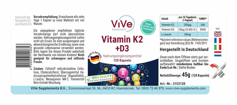 Vitamin K2 200 mcg Menaquinone MK7 + D3 10,000 IU Depot - 120 capsules, high dose, only one capsule every 10 days | Quality from Germany from ViVe Supplements - NewNest Australia