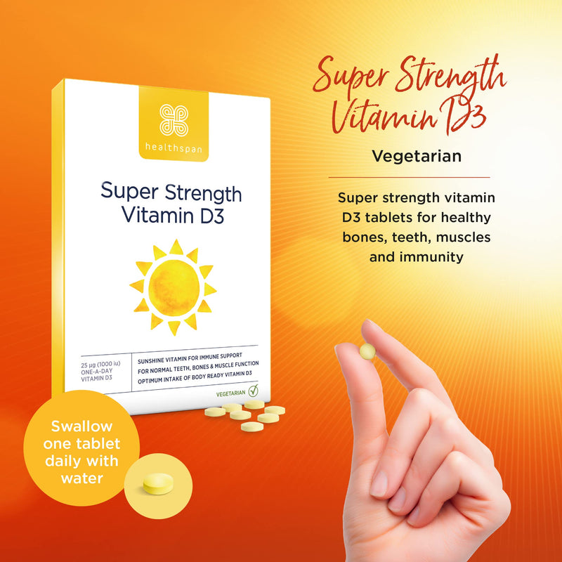 Healthspan Super Strength Vitamin D3 (60 Tablets) | Immune Health | Bone, Teeth & Muscle Health | Contains 1,000iu of Natural Source Vitamin D3 in Each Tablet | Vegetarian 60 Count (Pack of 1) - NewNest Australia