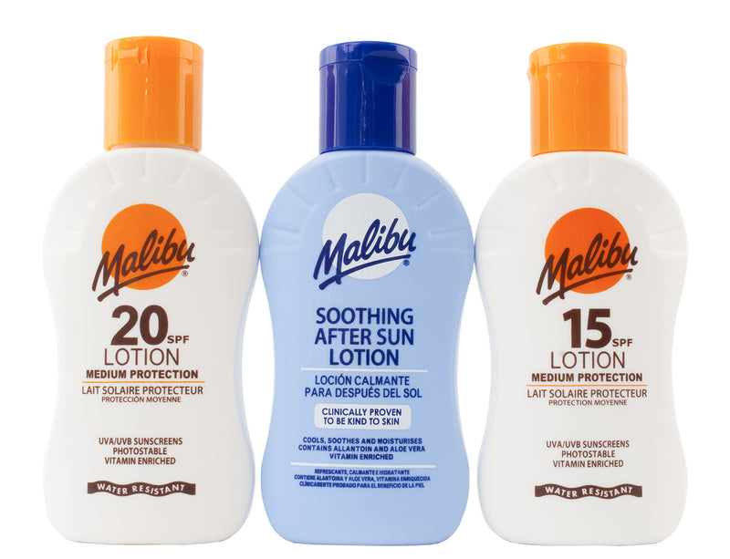 Malibu Hydrating Water Resistant Travel-Sized Sun-Screen Pack with Bag, SPF 15 and SPF 20 Protective Lotion 100ml and Soothing After-Sun 100ml (3 Pack) - NewNest Australia