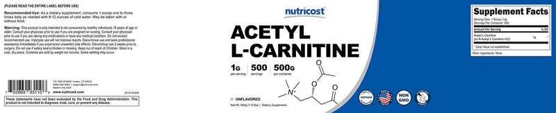 Nutricost Acetyl L-Carnitine (ALCAR) 500 Grams - 1000mg Per Serving - Pure Acetyl L-Carnitine Powder - NewNest Australia