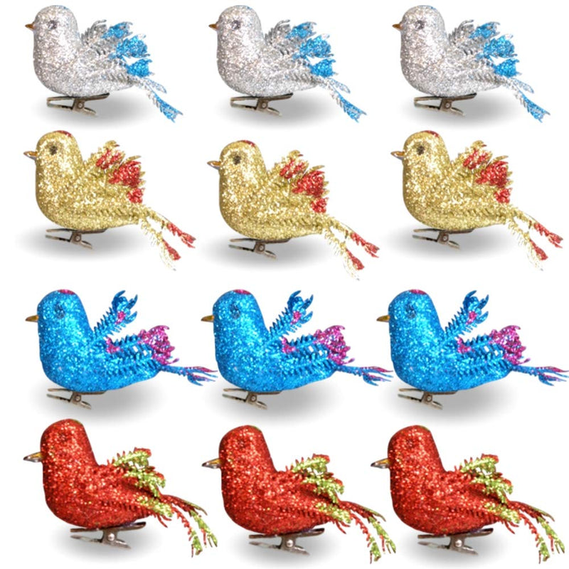 NewNest Australia - BANBERRY DESIGNS Artificial Foam Bird Ornaments - Set of 12 Clip-On Birds - Package Includes 3 Red, 3 Blue, 3 Gold and 3 Silver - Simulation Mini Birds with Sequence and Glitter - 2 Inches Tall 