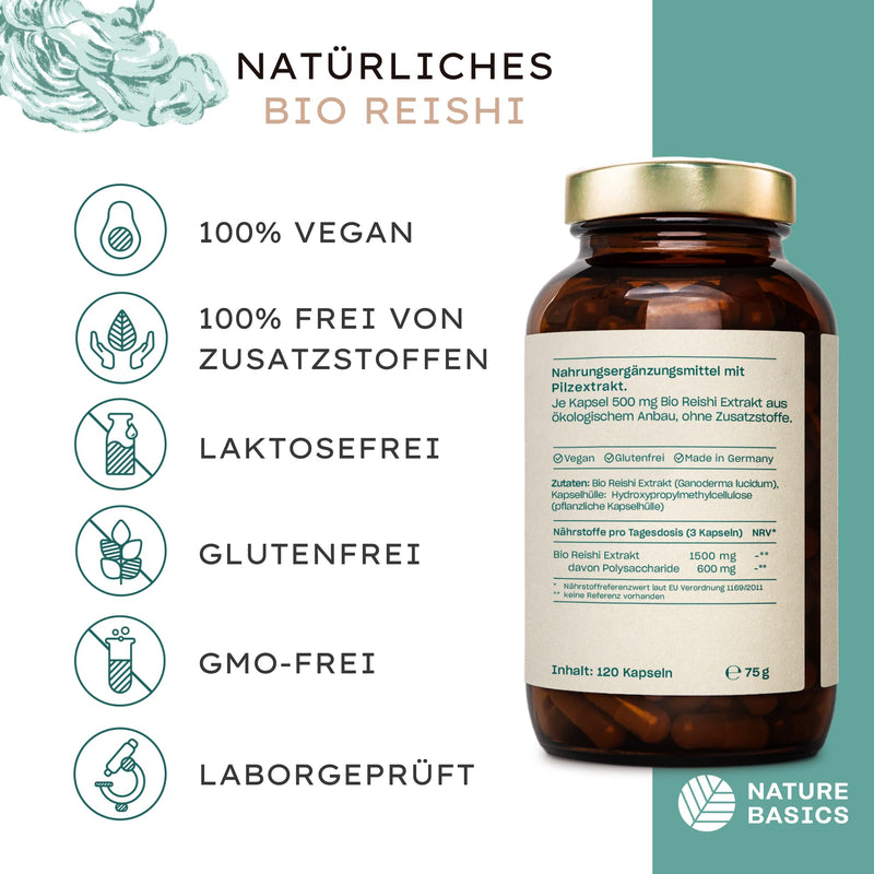 Nature Basics Organic Reishi Capsules With 40% Bioactive Polysaccharides, 120 Capsules Certified & Sustainable In Glass, 500 Mg Per Capsule, Laboratory-Tested, Vegan, From Germany, No Additives & Co2 - NewNest Australia