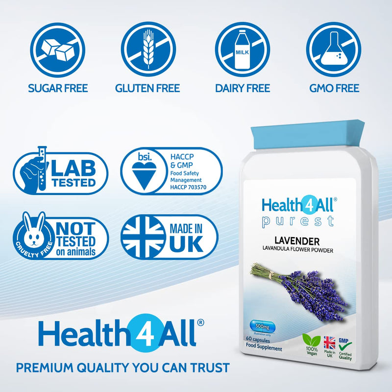 Lavender 500mg 60 Capsules (V) .(not Tablets or Oil) Purest- no additives. Vegan Capsules for Anxiety, Relaxation and Sleep. Made in The UK by Health4All 60 Count (Pack of 1) - NewNest Australia