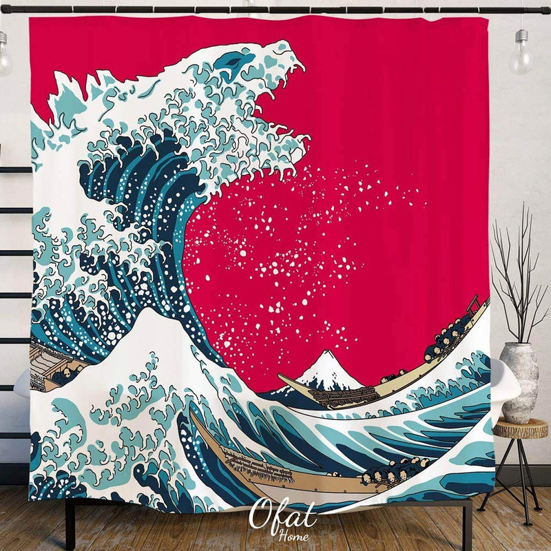 Ofat Home Artistic Ukiyoe Shower Curtain Set with Hooks, Japanese Monster Godzilla Shower Curtains Hokusai The Great Wave Painting Bathroom Accessories, No Liner Needed, Red Blue, 72x72 inch 90gsm 72x72 in - NewNest Australia