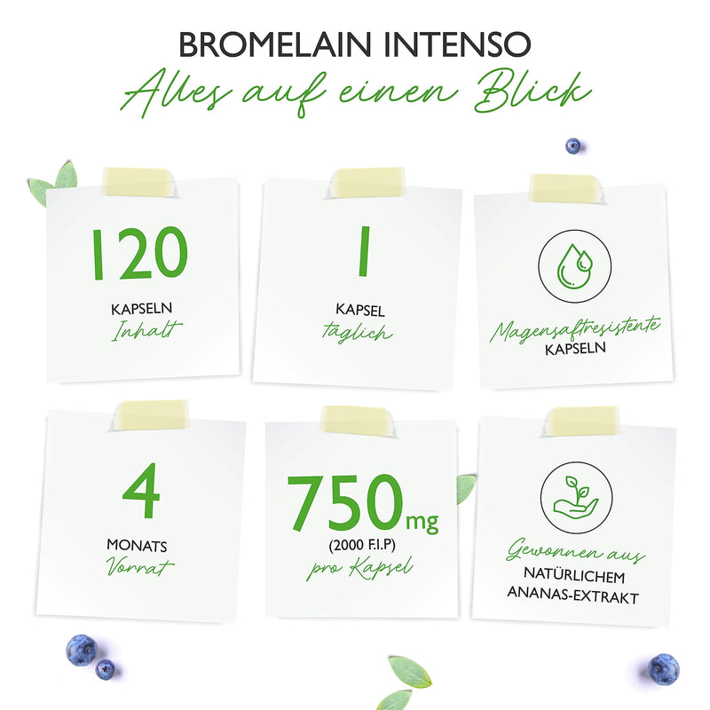 Bromelain Intenso - 750 mg (2000 FIP) - 120 enteric-coated capsules - Natural pineapple extract - Laboratory tested - Vegan - High dosage - NewNest Australia