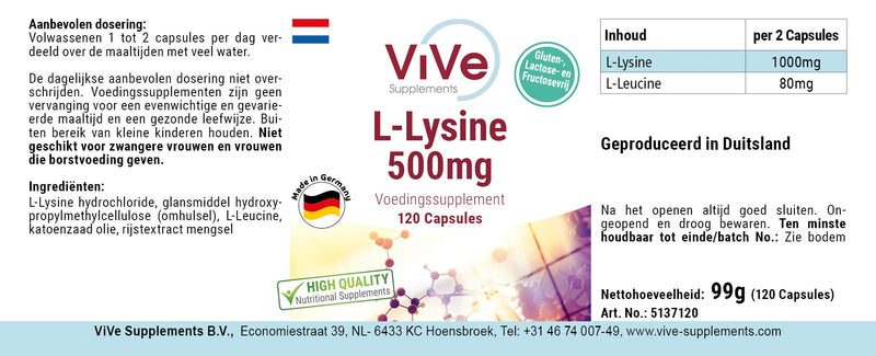Lysine Capsules - 500mg - 120 Capsules - High Dose - Vegan | Quality from Germany from ViVe Supplements - NewNest Australia