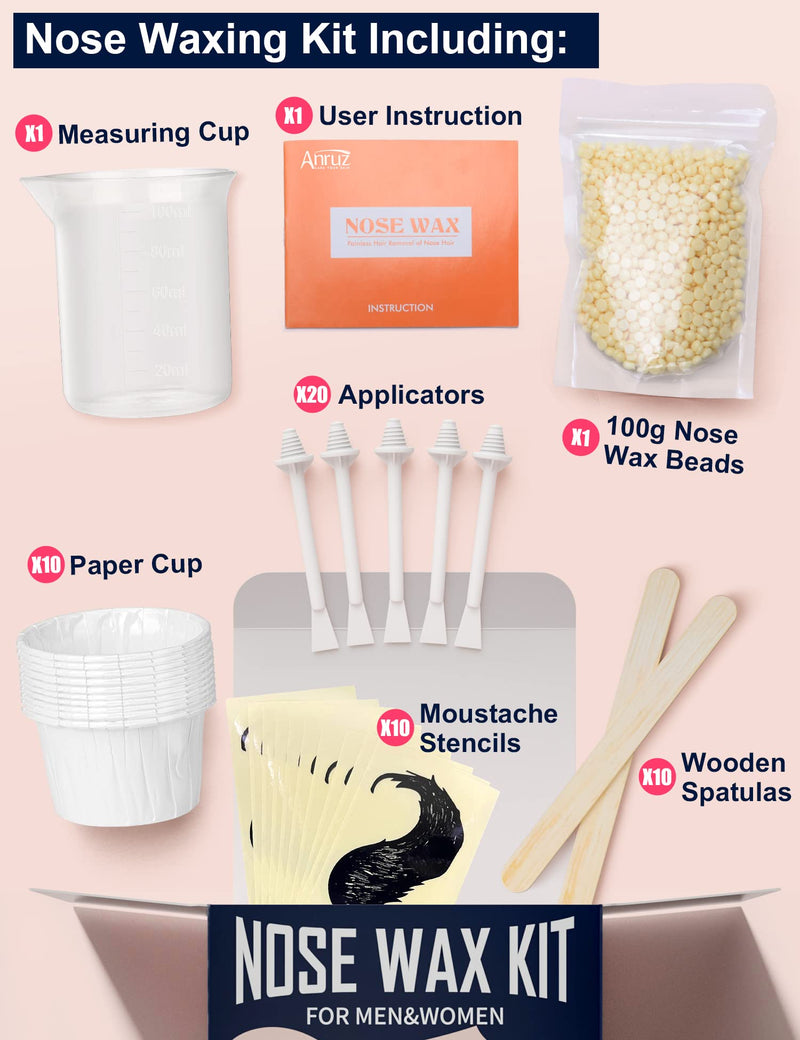 ANRUZ Nose Waxing kit with 100g Nose Wax Beads,Nose Hair Wax Kit with 10 Wooden Spatula, 20 Applicators and 10 Paper Cup- Painless & Safe Nose Hair Removal Wax Kit Can be Used for 15-20 Times - NewNest Australia