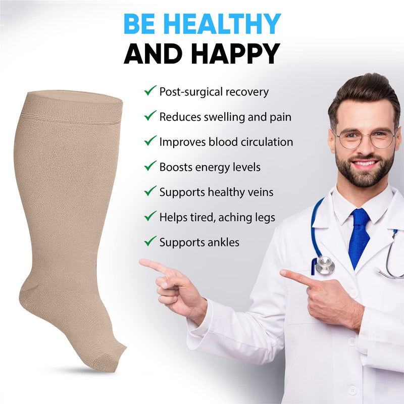 Compression Socks, Flight Socks for Women and Men. (2 Pairs) Plus Size, Wide Calf, Medical Compression Stockings. Knee High with Open Toe. Excellent Support, Helps with Varicose Veins. 6XL - NewNest Australia