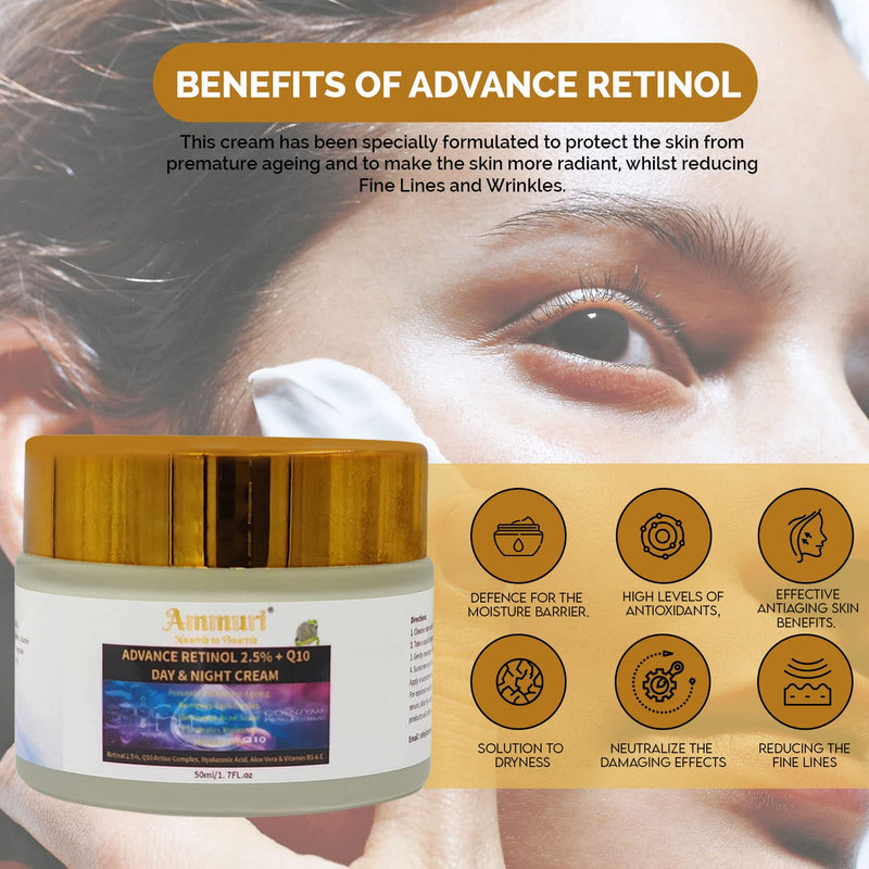 Ammuri Premium Skin Formula Q10 Face cream + Advance Retinol 2.5% Firming Day & Night Cream With Hyaluronic Acid Anti Wrinkle Face Moisturising Cream, Aloe Vera, Vitamin B5 & Vitamin E for Anti Ageing Advance Retinol 2.5% Night Cream - NewNest Australia