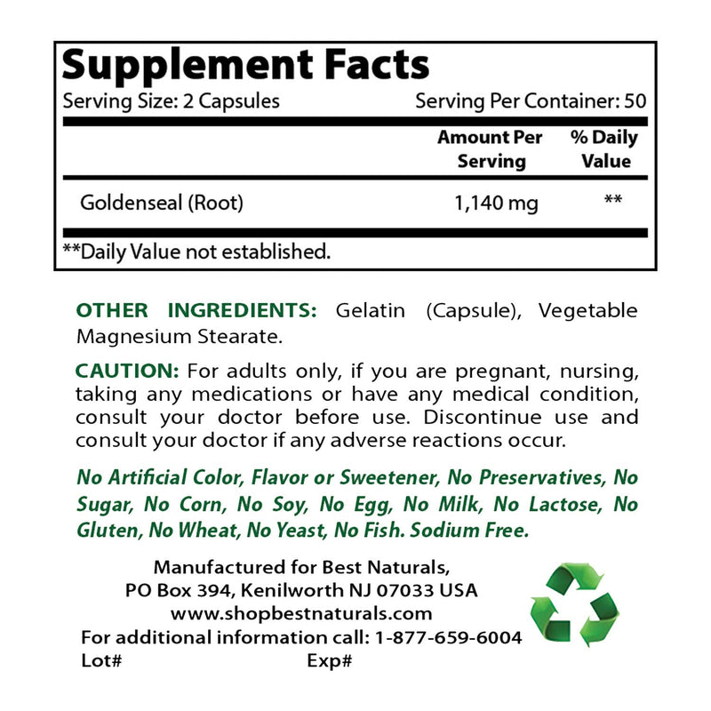 Best Naturals Goldenseal Root 570 mg (Non-GMO) 100 Capsules 100 Count (Pack of 1) - NewNest Australia