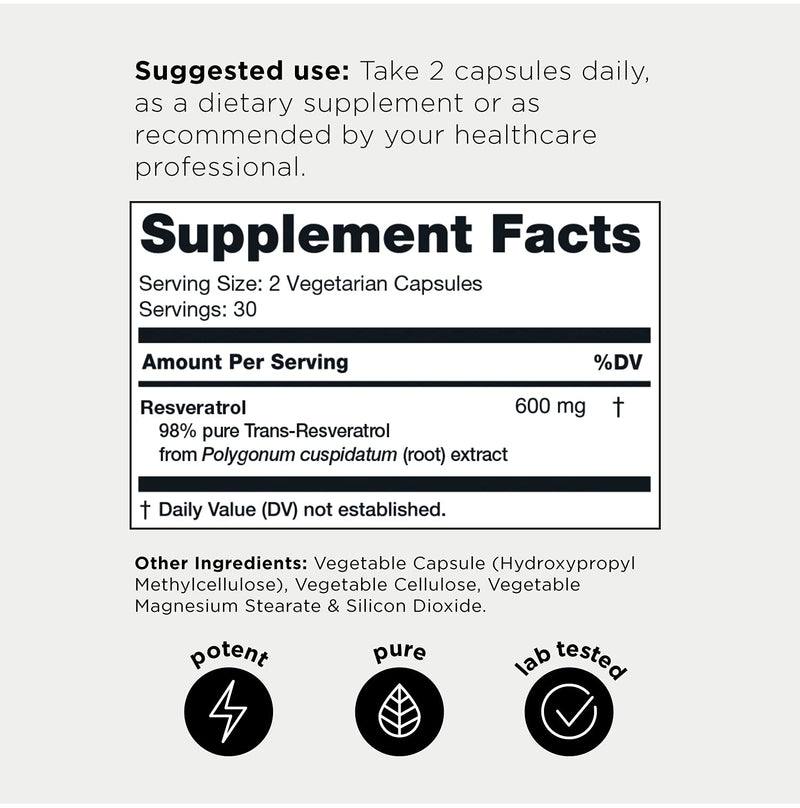 Ultra High Purity Resveratrol Capsules - 98% Trans-Resveratrol - Highly Purified and Highly Bioavailable - 60 Caps Reservatrol Supplement 60 Count (Pack of 1) - NewNest Australia
