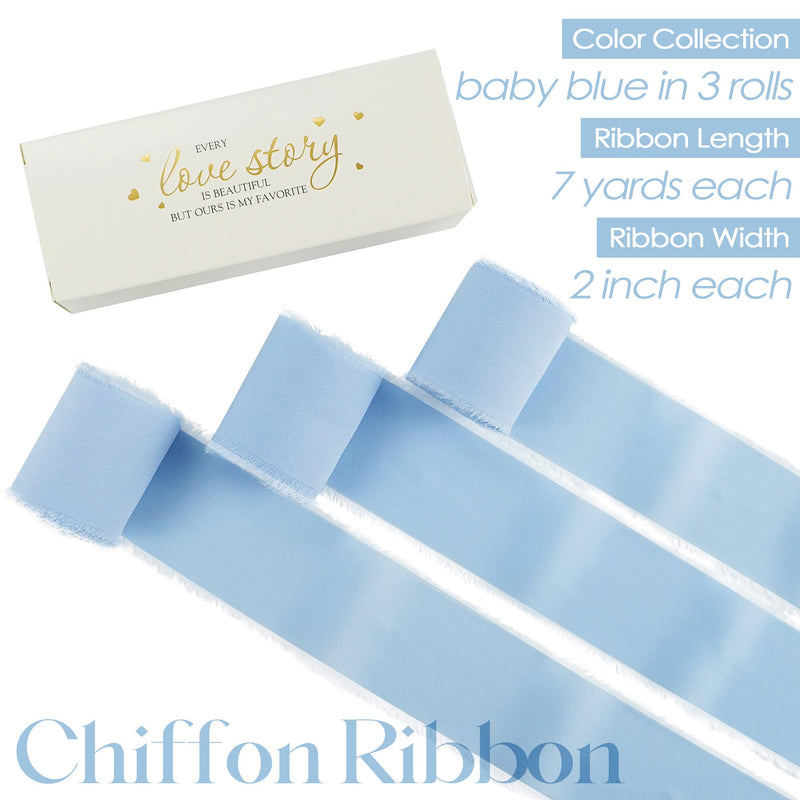 MEEDEE Chiffon Ribbon Handmade Fringe Silk Ribbon 2" x 7 Yards Baby Blue Chiffon Ribbon Perfect for Wedding Invitation, Bridal Bouquet, Gift Wrapping, Baby Shower Decor (3 Rolls 21 Yards) - NewNest Australia