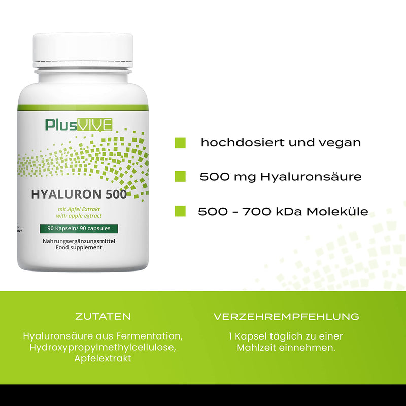 Plusvive - hyaluronic acid 90 capsules - high dose with 500 mg hyaluronic acid per capsule - 500-700 kDa - with apple extract - laboratory tested and vegan - NewNest Australia