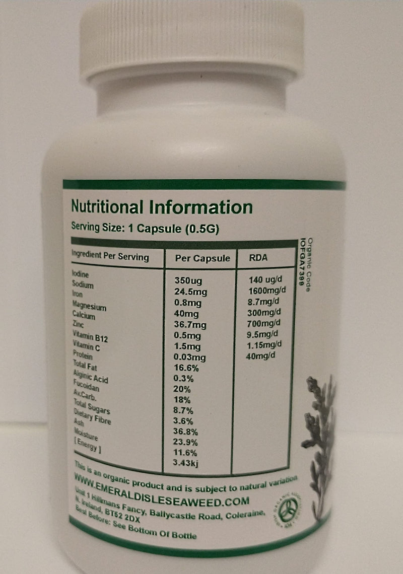 Irish Sea Moss (chrondrus crispus) & Bladderwrack (Fucus Vesiculosus) Capsules Tablets 500 mg 90 Capsules Certified Organic Harvested in North Atlantic Coast of Ireland - NewNest Australia