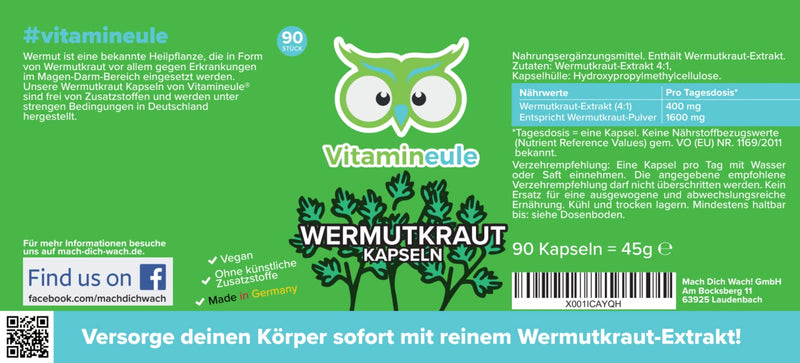 Wormwood Capsules ‚ High Dose ‚ 500 Mg Extract (4:1) ‚ Equivalent To 1600 Mg Wormwood Powder ‚ Quality From Germany ‚ No Additives ‚ Vegan ‚ Laboratory Tested ‚ For Appetite & Digestion ‚ Vitamineule - NewNest Australia