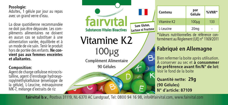 Fairvital | Vitamin K2 MK-7 100µg - HIGH DOSE - Menaquinone MK-7 - natural & fermented from natto - VEGAN - 90 capsules - NewNest Australia