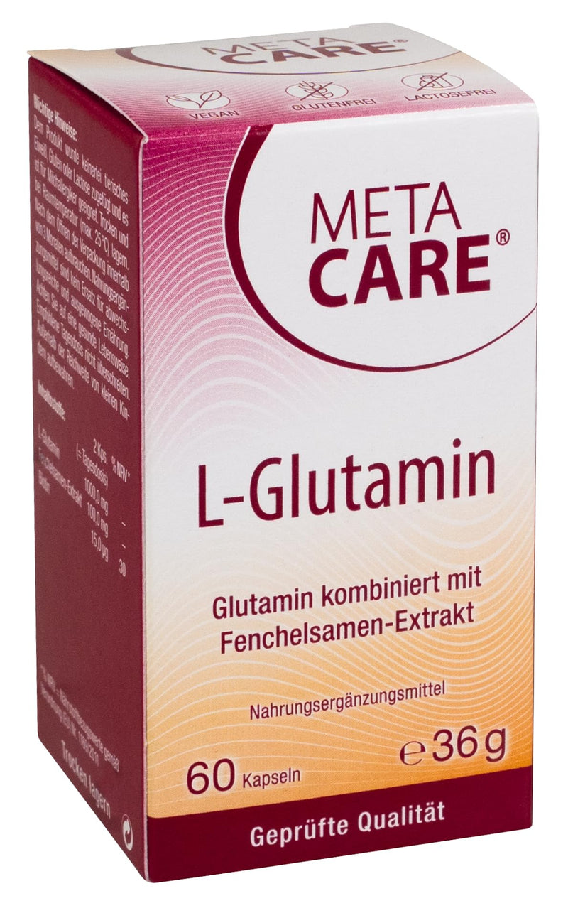 Meta Care L-Glutamine - Vegan - High dosage - Ideally combined with biotin and natural fennel seed extract - 60 capsules - NewNest Australia