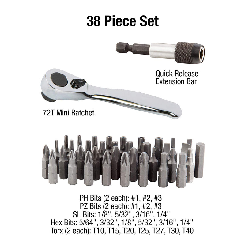 Sunex 9726 Mini Ratchet and Bit Set, 1/8-Inch - 1/4-Inch S2 Bits, 5/64-Inch - 1/4-Inch hex bits, 38-Piece Bit Set with Mini Ratchet - NewNest Australia