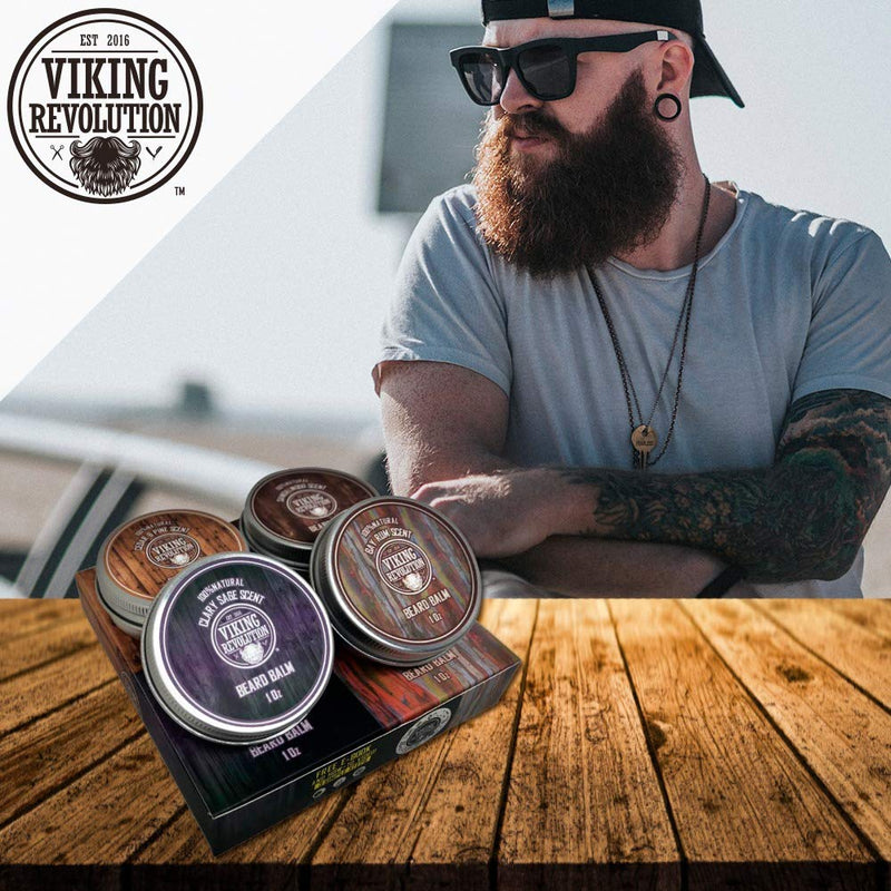 Viking Revolution Beard Balm Pack of 4 (28 g each) - Sandalwood, Cedar & Pine, Bay Rum, Clary Sage - Styles, Strengthens and Softens Beards & Mustaches - Nourishing Men 28.34 g (Pack of 4) - NewNest Australia