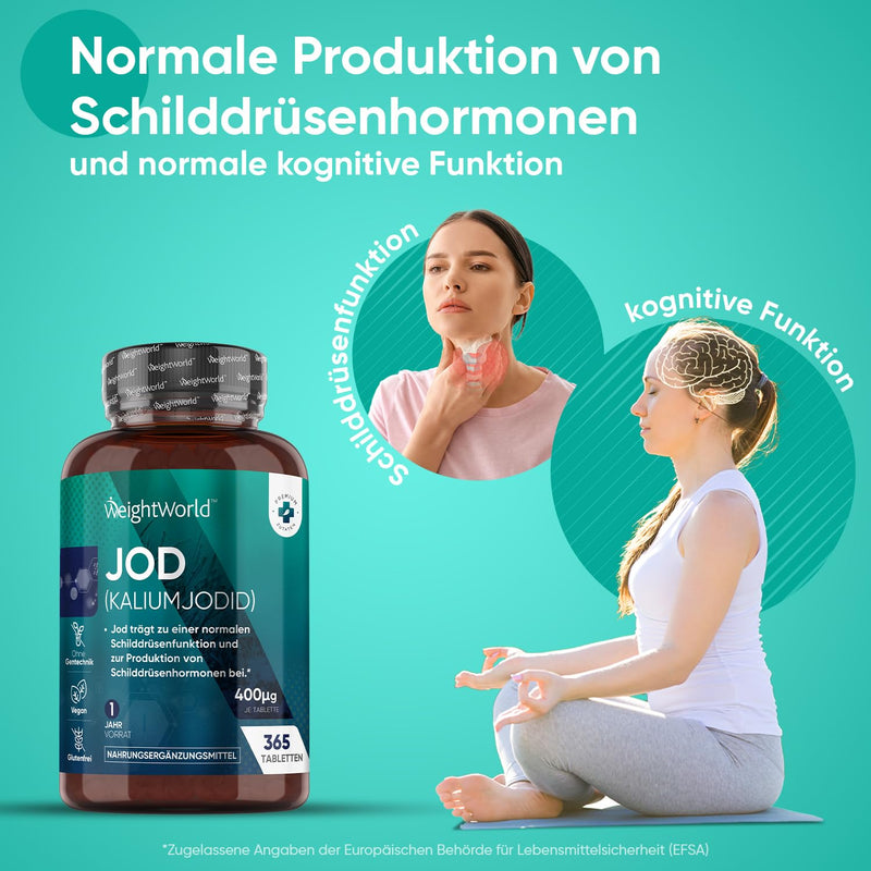 Iodine tablets 400µg - 365 vegan potassium iodide - potassium iodide for 1 year supply - Iodine contributes to normal thyroid, skin and nerve function (EFSA) - Iodine Tablets from WeightWorld - NewNest Australia