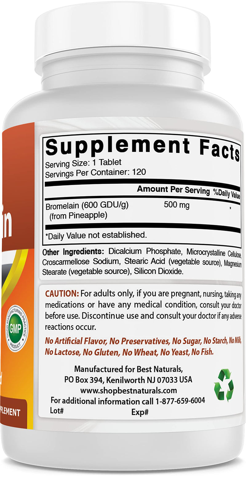 Best Naturals Bromelain Proteolytic Digestive Enzymes Supplements, 500 mg, 120 Tablets - Supports Healthy Digestion, Joint Health, Nutrient Absorption 120 Count (Pack of 1) - NewNest Australia