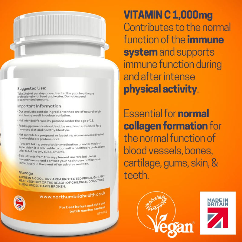 Vitamin C 1000mg - 180 Premium Vegan Tablets - 6 Month Supply - High Strength Ascorbic Acid - for Normal Immune System - Made in The UK by Northumbria Health - NewNest Australia
