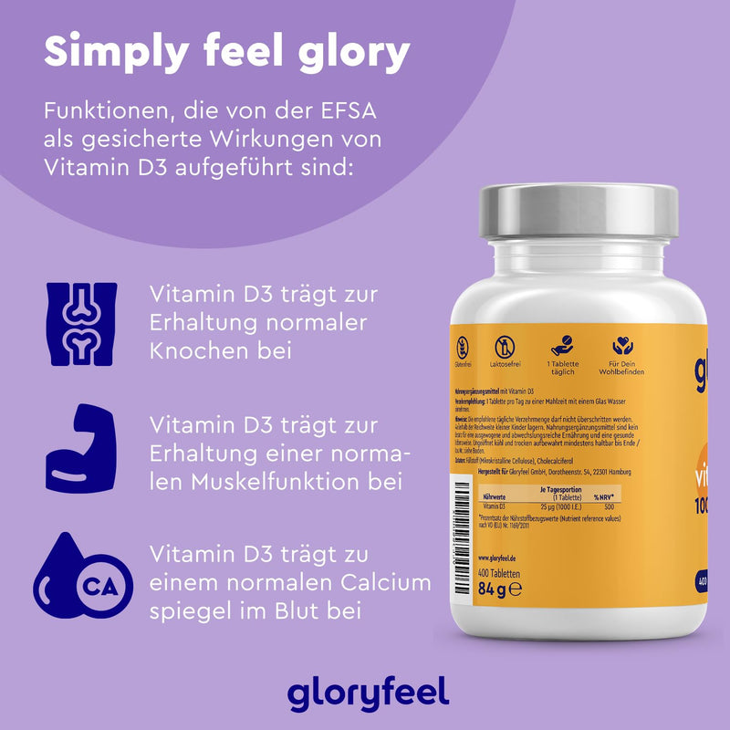Vitamin D Sun Vitamin - 400 tablets (13 months) - Laboratory tested 1000 IU vitamin D3 per tablet - Supports bones, teeth, muscles and immune system* - No additives - NewNest Australia