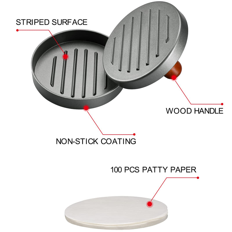 PIQUEBAR Burger Press Patty Maker Stainless Steel Hamburger Mold Non-Stick with 100 Patty Papers - NewNest Australia
