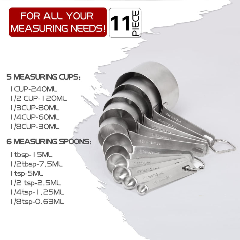 18/8 Stainless Steel Measuring Cups and Spoons Set of 11 Piece - 1 Cup, 1/2 Cup, 1/3 Cup, 1/4 Cup, 1/8 Cup, 1/8 Tsp, 1/4 Tsp, 1/2 Tsp, 1 Tsp, 1/2 Tbs & 1 Tbs, Metal Measuring Set for Cooking Baking A- silver - NewNest Australia