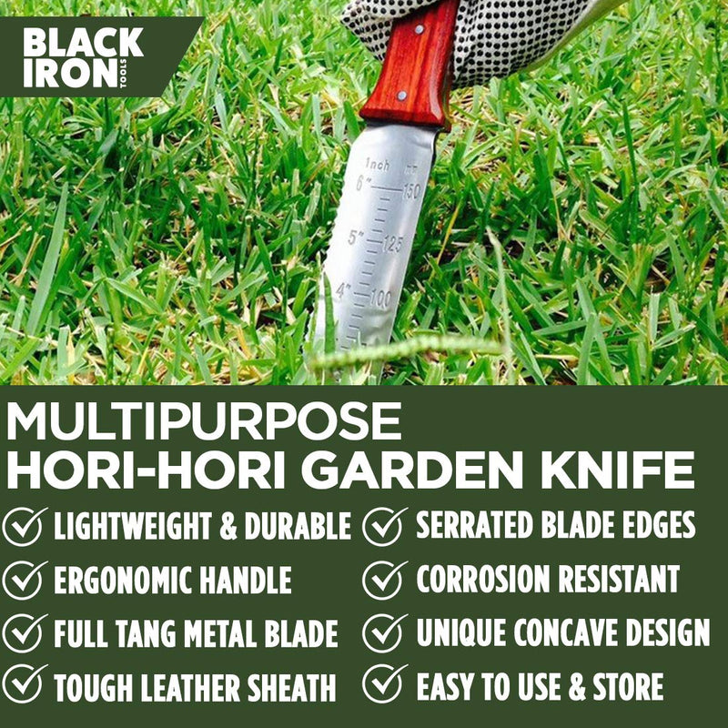 Hori Hori Garden Knife [7 Inches, Japanese Stainless Steel] Durable Gardening Tool for Weeding, Digging, Cutting & Planting with Leather Sheath and Sharpening Stone - NewNest Australia