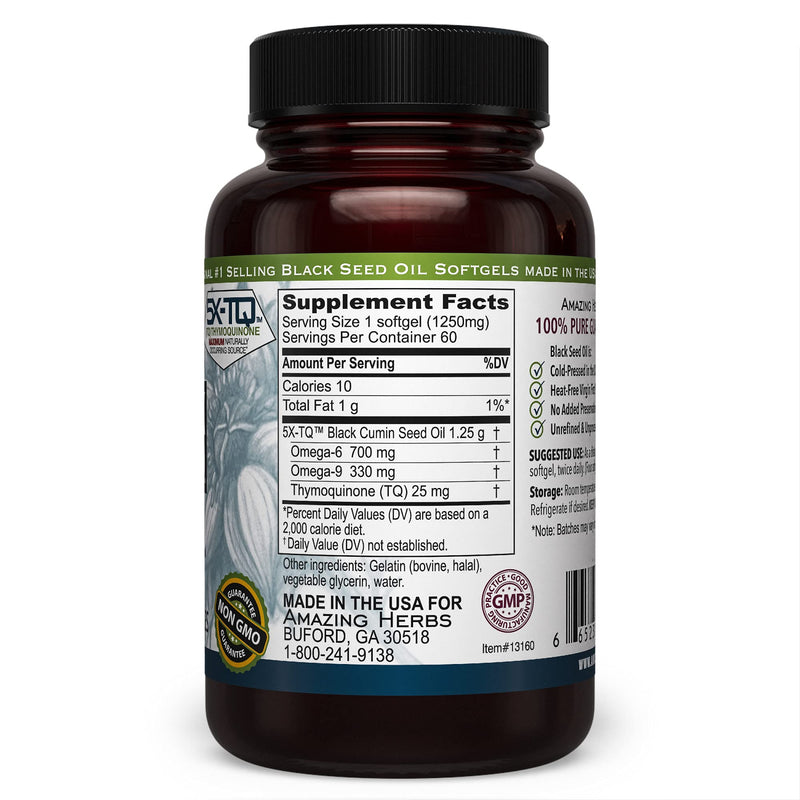 Amazing Herbs Premium Black Seed Oil Capsules - High Potency, Cold Pressed Nigella Sativa Aids in Digestive Health, Immune Support & Brain Function - 60 Count, 1250mg (Pack of 2) 1 - NewNest Australia