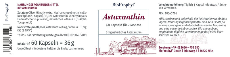 BioProphyl® Astaxanthin - 8 mg pure astaxanthin as an extract from Heamatococcus pluvialis with vitamin E to protect cells from oxidative stress - 60 vegetable capsules for 2 months - NewNest Australia
