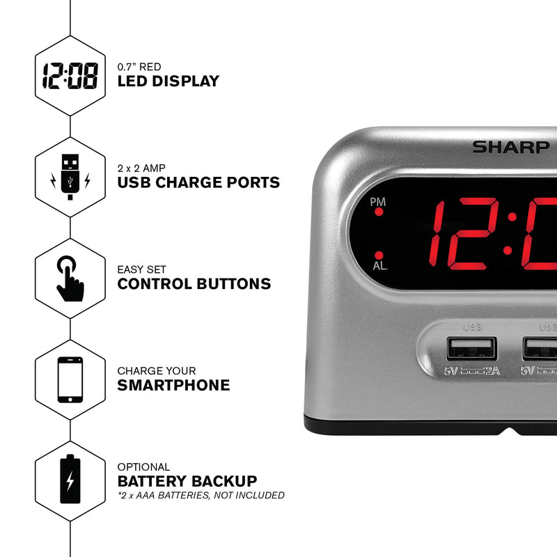 NewNest Australia - Sharp Digital Alarm Clock with 2 Ultra Fast Charging USB Quick Charge Ports - Twice as Fast as Conventional USB Chargers - Battery Back-up - Easy to Use 