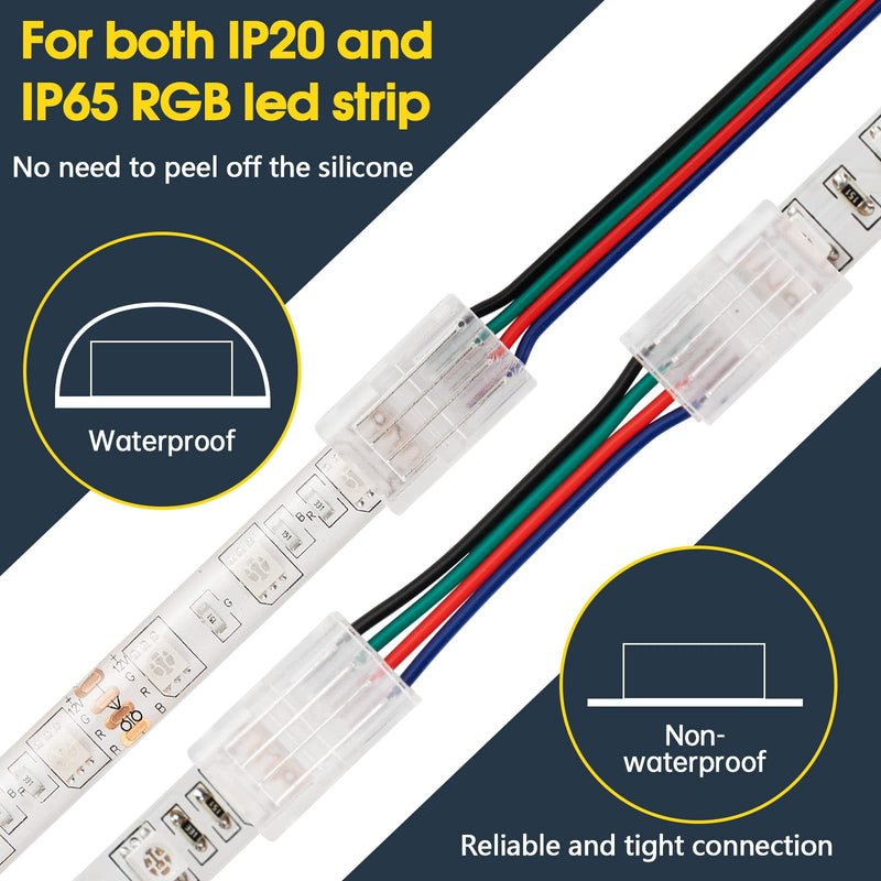 GXILEE Led Light Connectors, 4 Pin Led Connectors for 10mm Waterproof or Non-Waterproof 5050 RGB Strip 10 Pack, Strip to Wire Connection Without Stripping, Include 16.4ft 22 Gauge Led Extension Cable - NewNest Australia