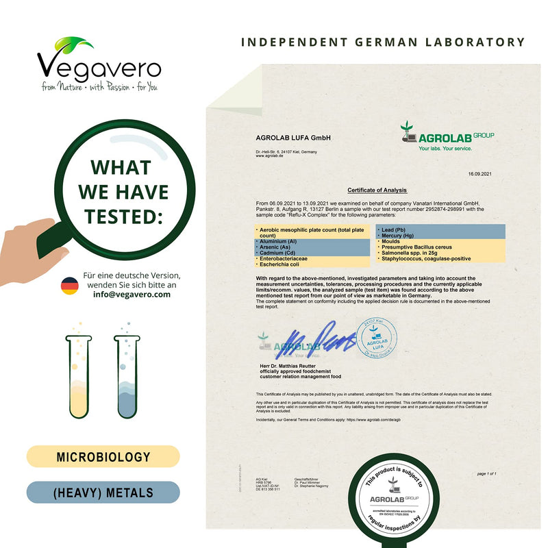 Reflux Complex | Comparison Winner 2023* | 100% Natural | Heartburn | With Mucosave, Olive Leaf Extract, Sodium Alginate & Chamomile | Laboratory Tested | Vegan | German Production By Vegavero - NewNest Australia