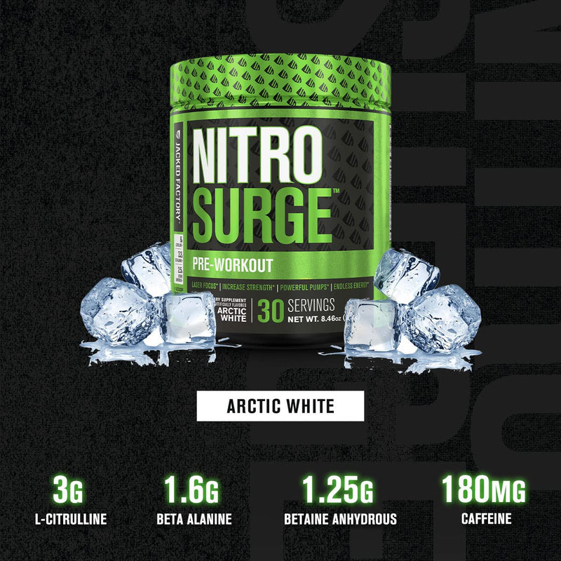 NITROSURGE Pre Workout Supplement - Endless Energy, Instant Strength Gains, Clear Focus, Intense Pumps - Nitric Oxide Booster & Powerful Preworkout Energy Powder - 30 Servings, Arctic White - NewNest Australia