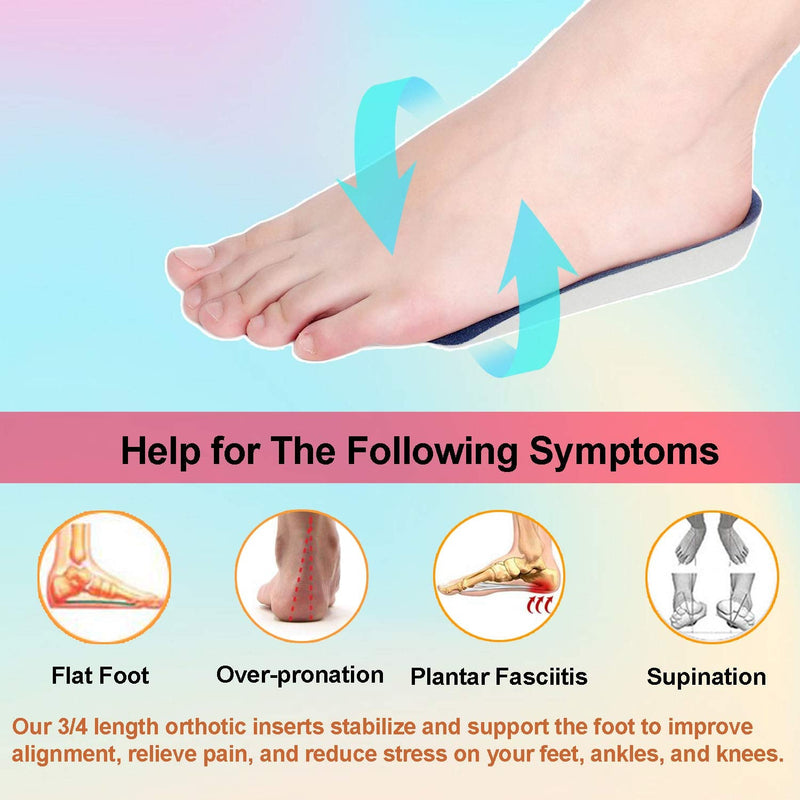3/4 Length Plantar Fasciitis Insoles, Half Orthotic Inserts for Supination, Pronation, Oversupination, Flatfoot, Overpronation, Heel Spurs, Foot Pain Relief Arch Support Insoles for Men and Woman(XS) XS: UK (3-4.5) Blue + Grey - NewNest Australia