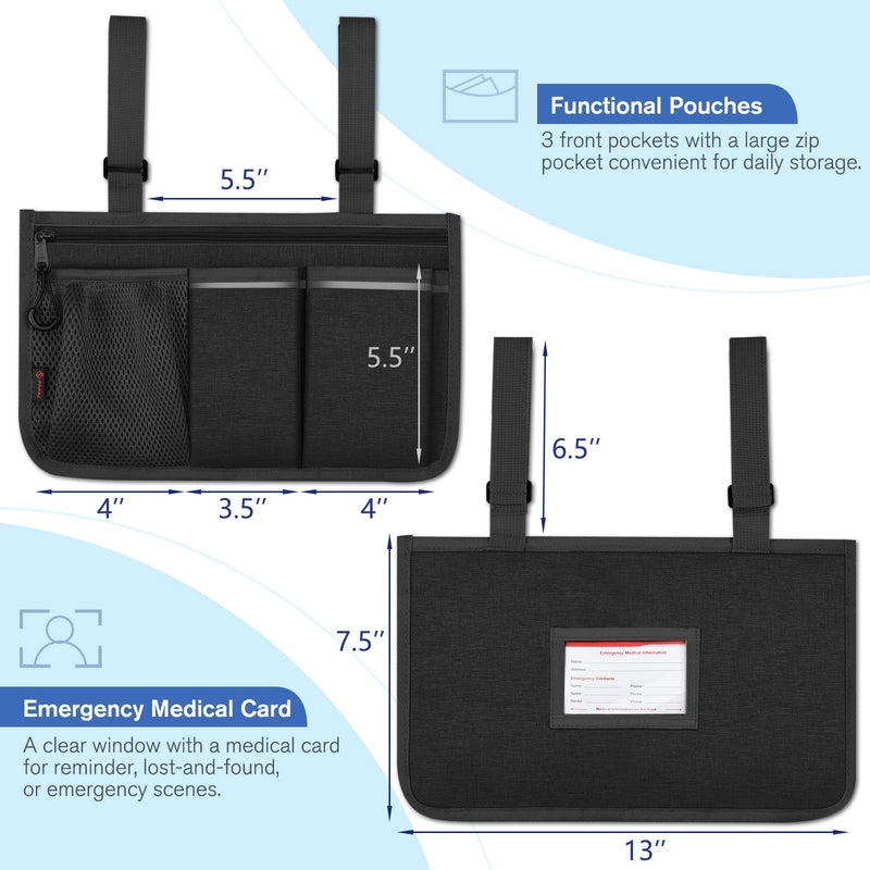 FINPAC Wheelchair Side Storage Bag - Wheelchair Armrest Accessories Organisers Pouch with Reflective Strips and Name Card Slot for Walkers, Mobility Scooters, Rollators (Black) Black - NewNest Australia
