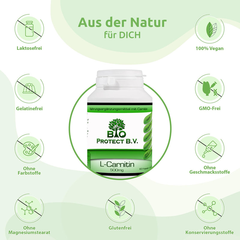 BIO Protect Premium L-Carnitine 500mg - 120 capsules - High dosage - No additives - Laboratory tested - High dosage - Vegan - Bio Protect - NewNest Australia